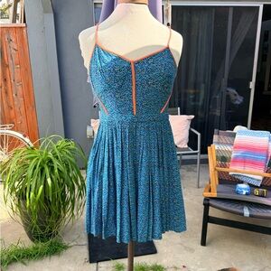 Cooperative Blue Floral Mini Dress with Orange Trim